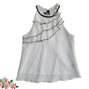 BCX White Sleeveless Sheer Chiffon Ruffle Top Black Trim Women's Size XL Junior